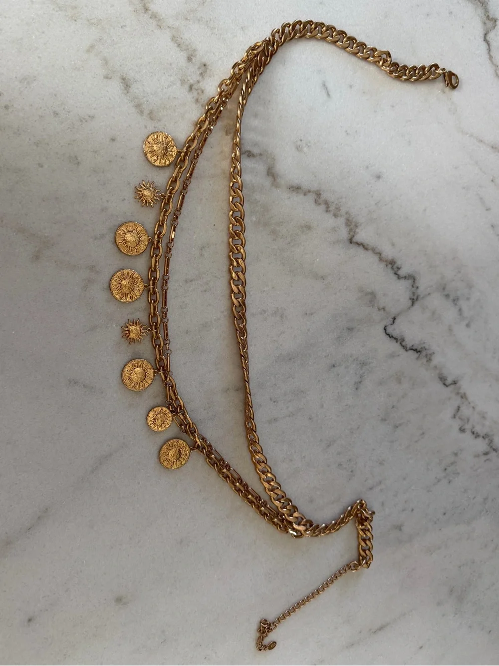 Zara Layered Gold Chain Charm Waist Belt | Coin & Sun Medallion Statement Belt